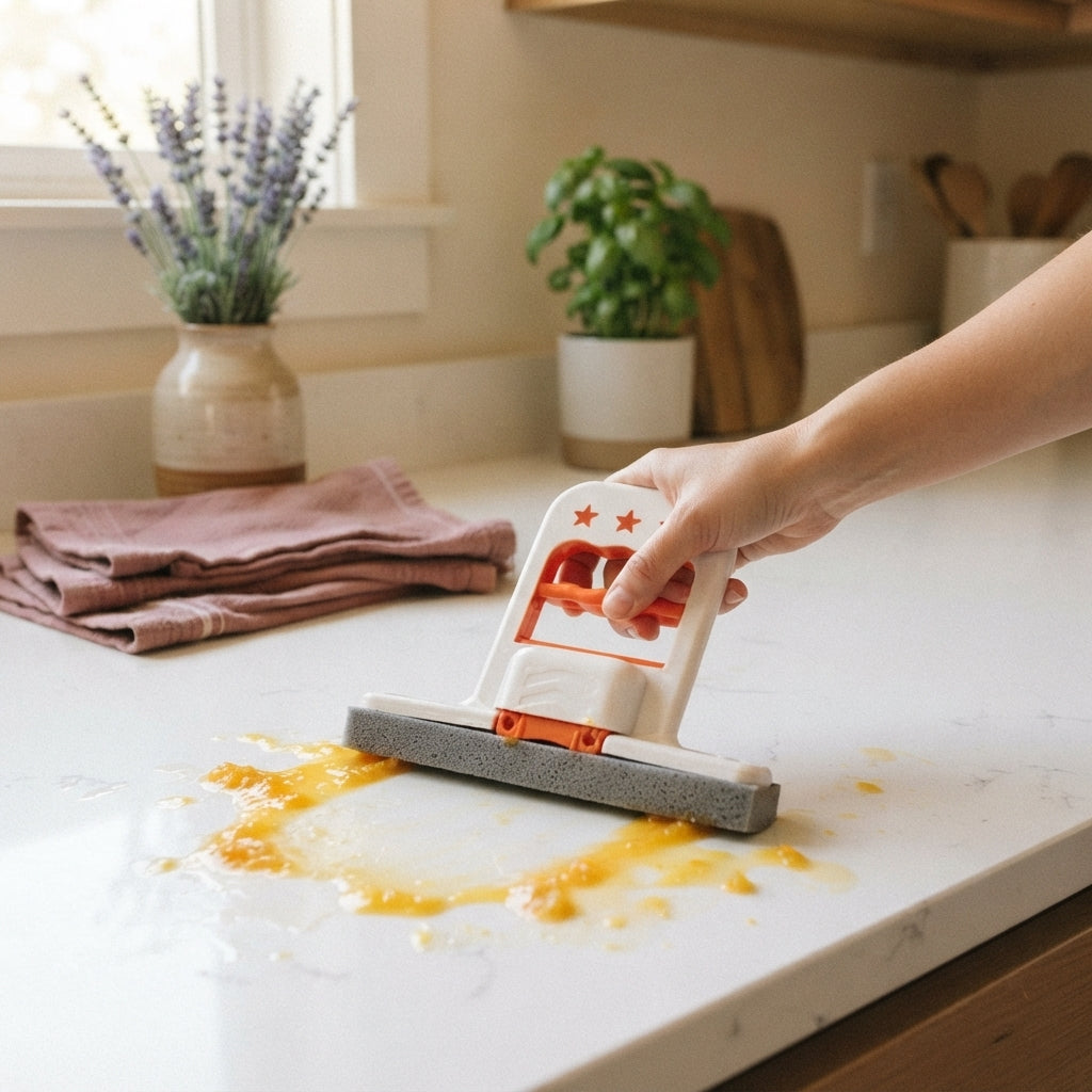 A hand using a compact mini mop to wipe a juice spill from a kitchen counter in a home setting.